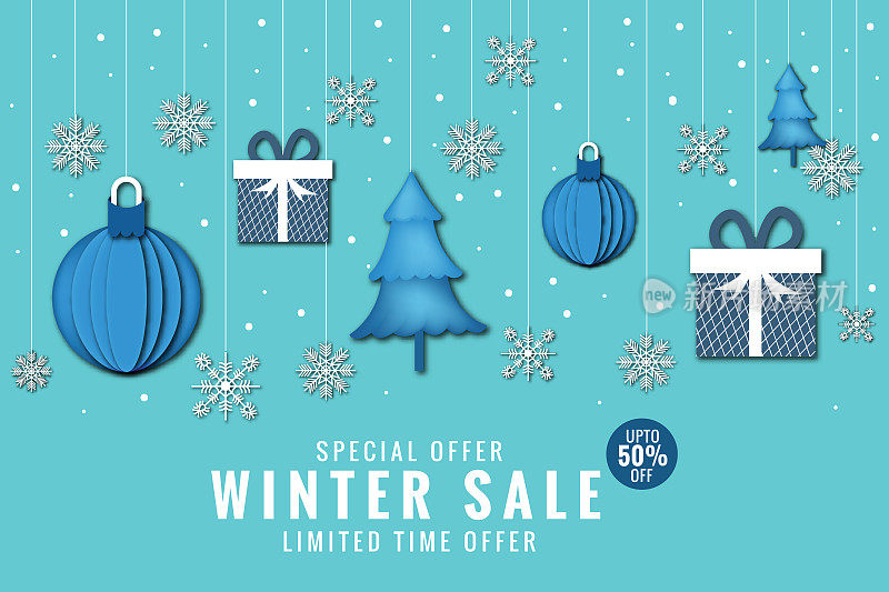 Winter sale banner. Origami snowfall, tree, gift, Christmas ball